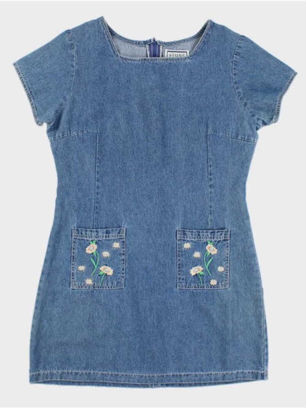 Vintage Stone Canyon Denim Dress with Embroidered Pockets